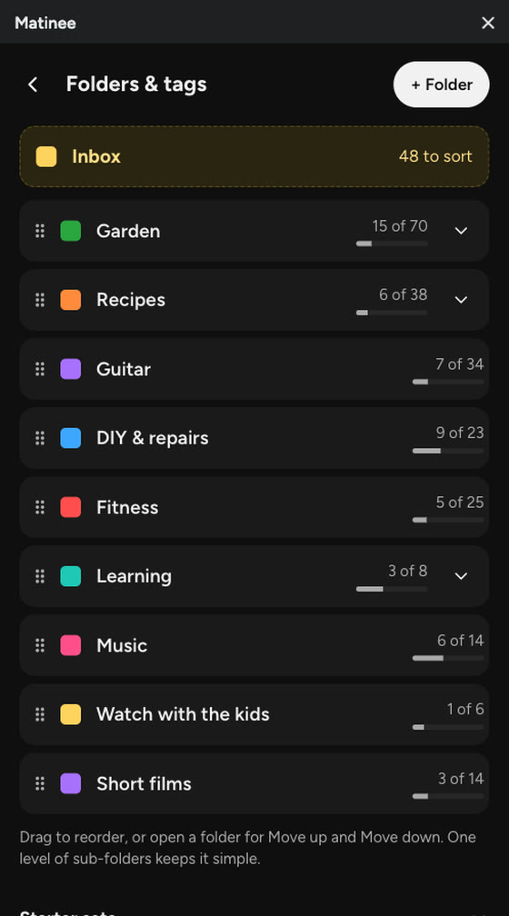 Matinee’s side panel showing folders and tags: the Inbox to sort, then coloured folders, each with how many of its videos have been watched.